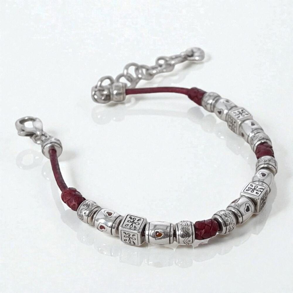 Brighton Burgundy Red Leather Beaded Bracelet Silver Plated Retired 7 to 8.5" - Picture 3 of 5